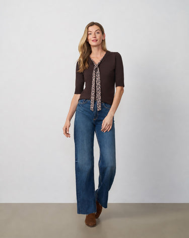 Printed Chiffon Tie Neck Sweater
