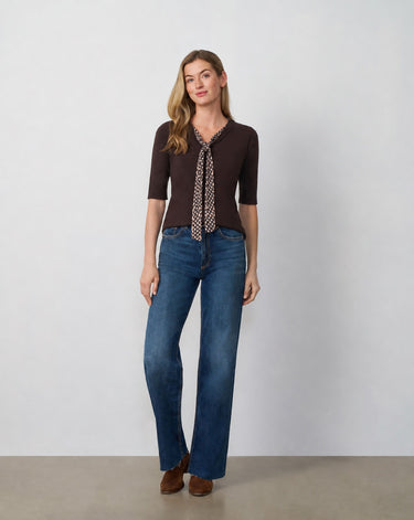 Printed Chiffon Tie Neck Sweater