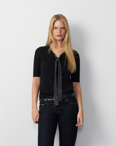 Printed Chiffon Tie Neck Sweater