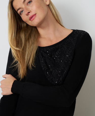 Asymmetrical Lace and Sequin Yoke Sweater