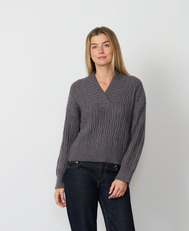Wide V-Neck Cable Sweater