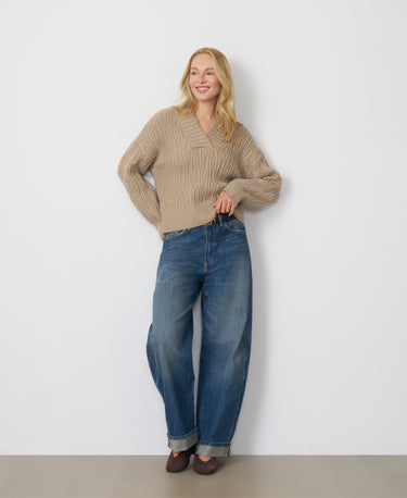 Wide V-Neck Cable Sweater