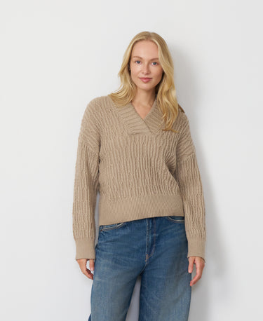 Wide V-Neck Cable Sweater