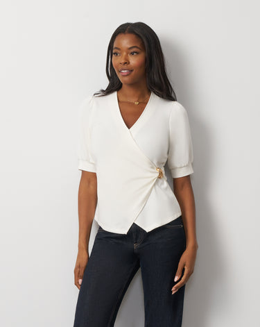 Draped Wrap Top with Hardware Detail