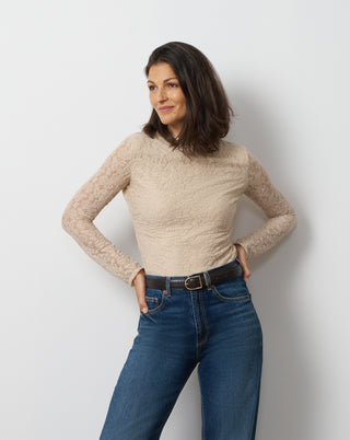 Lace Knit Funnel Neck Shirred Top