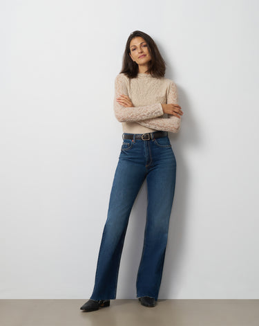 Lace Knit Funnel Neck Shirred Top