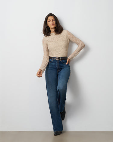 Lace Knit Funnel Neck Shirred Top