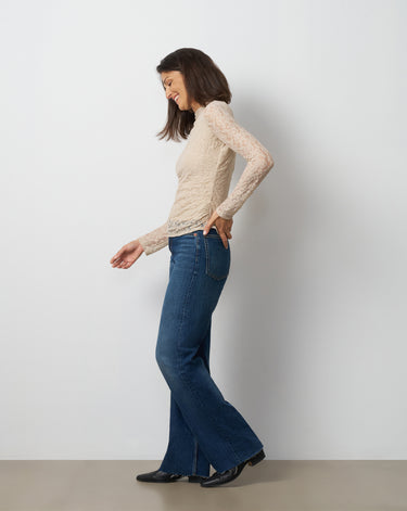 Lace Knit Funnel Neck Shirred Top