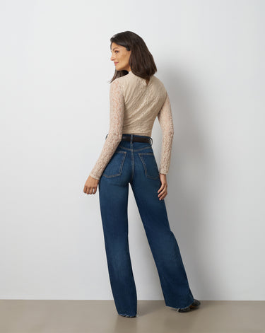 Lace Knit Funnel Neck Shirred Top