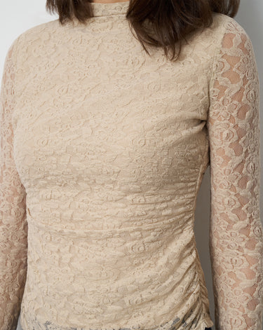 Lace Knit Funnel Neck Shirred Top