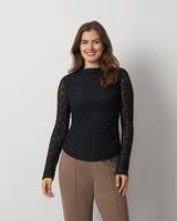 Lace Knit Funnel Neck Shirred Top