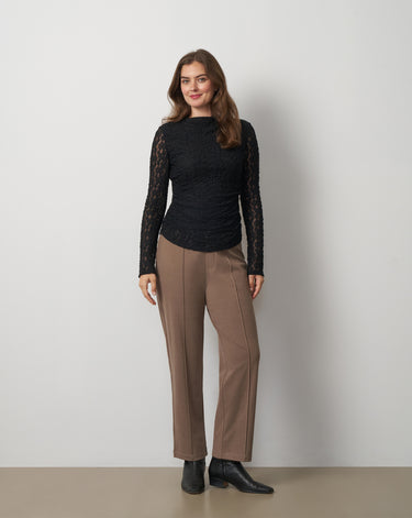 Lace Knit Funnel Neck Shirred Top