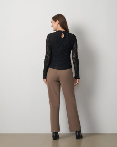 Lace Knit Funnel Neck Shirred Top