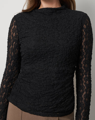 Lace Knit Funnel Neck Shirred Top