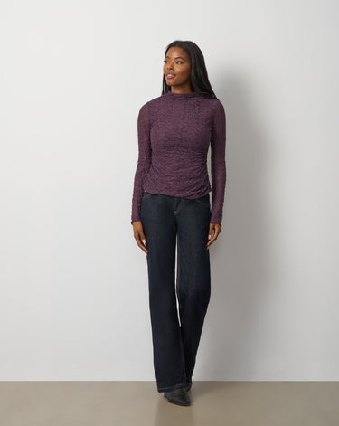 Lace Knit Funnel Neck Shirred Top