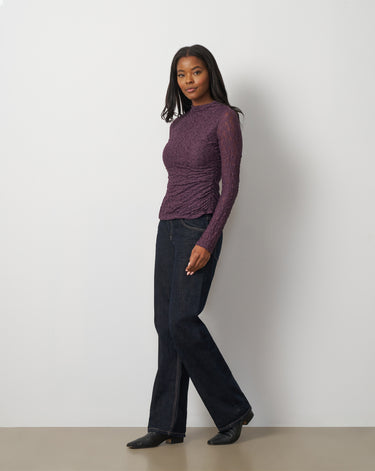 Lace Knit Funnel Neck Shirred Top