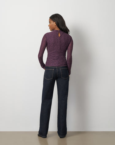 Lace Knit Funnel Neck Shirred Top