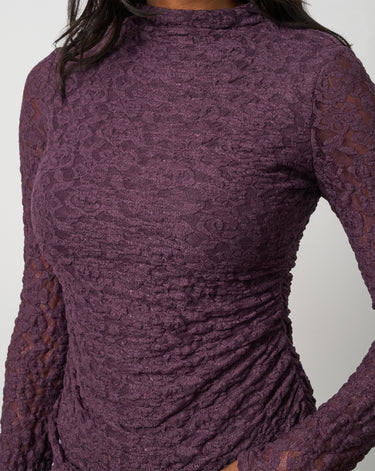 Lace Knit Funnel Neck Shirred Top