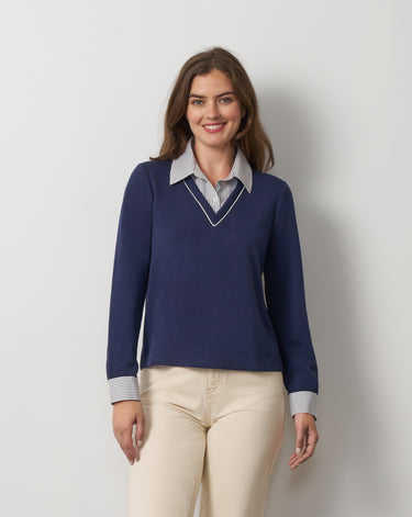 Striped Collar Layered V-Neck Top