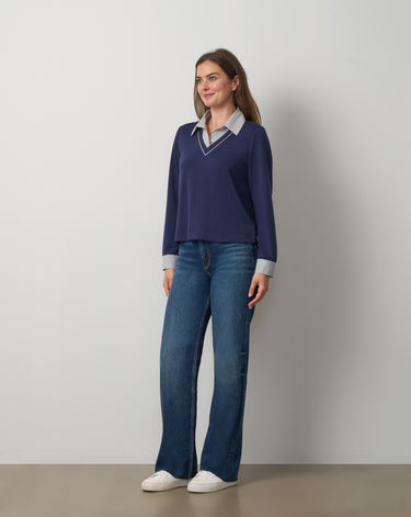 Striped Collar Layered V-Neck Top