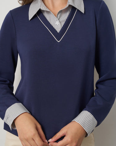 Striped Collar Layered V-Neck Top