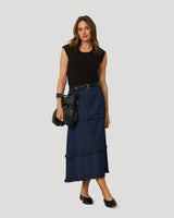 Chambray Tiered Maxi Skirt