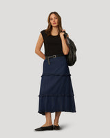 Chambray Tiered Maxi Skirt