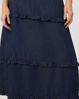 Chambray Tiered Maxi Skirt