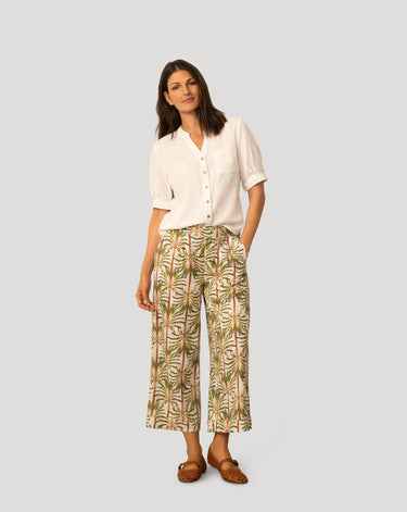Printed Linen Blend Pull On Crop Pant