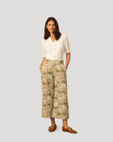 Printed Linen Blend Pull On Crop Pant