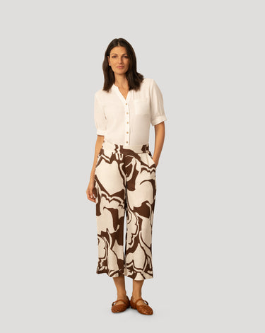 Printed Linen Blend Pull On Crop Pant