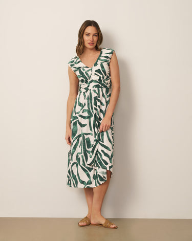 Shirred Printed Midi Dress - Aztec Lines Green / S Shirred Printed Midi Dress - Aztec Lines Green / S