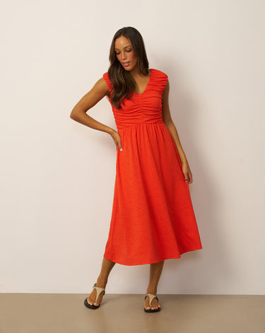 Shirred Eyelet Midi Dress