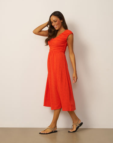 Shirred Eyelet Midi Dress