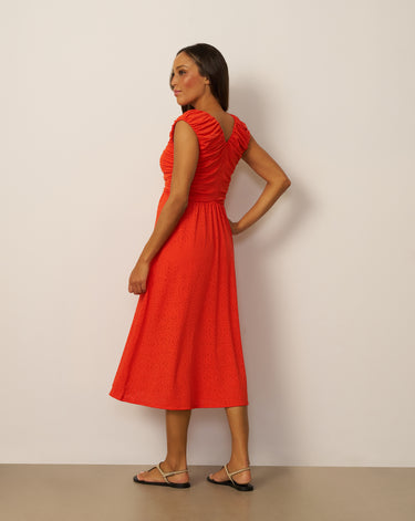 Shirred Eyelet Midi Dress
