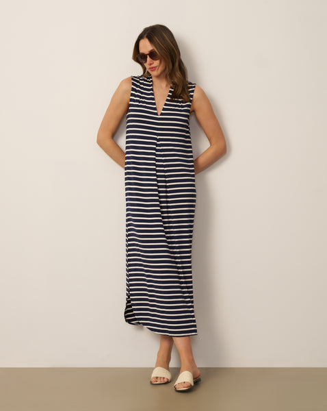 Women's Invert Pleat Stripe Maxi Dress in Navy Dream Stripe