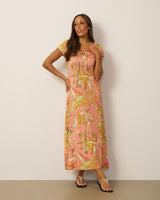 Lace Up V Neck Printed Maxi Dress