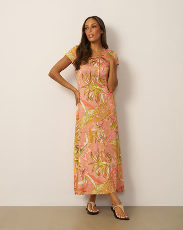 Lace Up V Neck Printed Maxi Dress