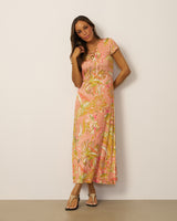 Lace Up V Neck Printed Maxi Dress