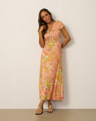 Lace Up V Neck Printed Maxi Dress