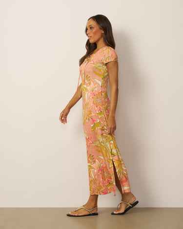 Lace Up V Neck Printed Maxi Dress
