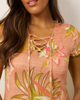 Lace Up V Neck Printed Maxi Dress