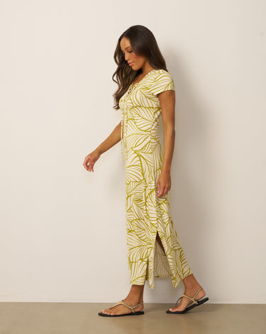 Lace Up V Neck Printed Maxi Dress