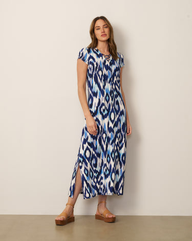 Lace Up V Neck Printed Maxi Dress