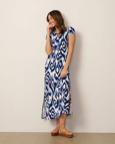 Lace Up V Neck Printed Maxi Dress