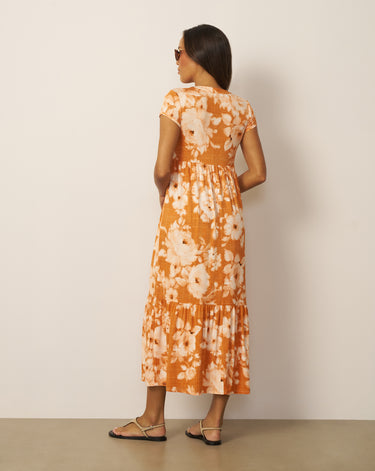 Women's Tiered Flowy Printed Maxi Dress in Floral Canvas Orange | Cable & Gauge Women's Tiered Flowy Printed Maxi Dress in Floral Canvas Orange | Cable & Gauge