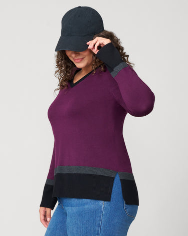 Colorblock V-Neck Rib Tunic Sweater