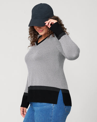 Colorblock V-Neck Rib Tunic Sweater