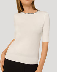 Elbow Sleeve Pick Stitch Trim Sweater