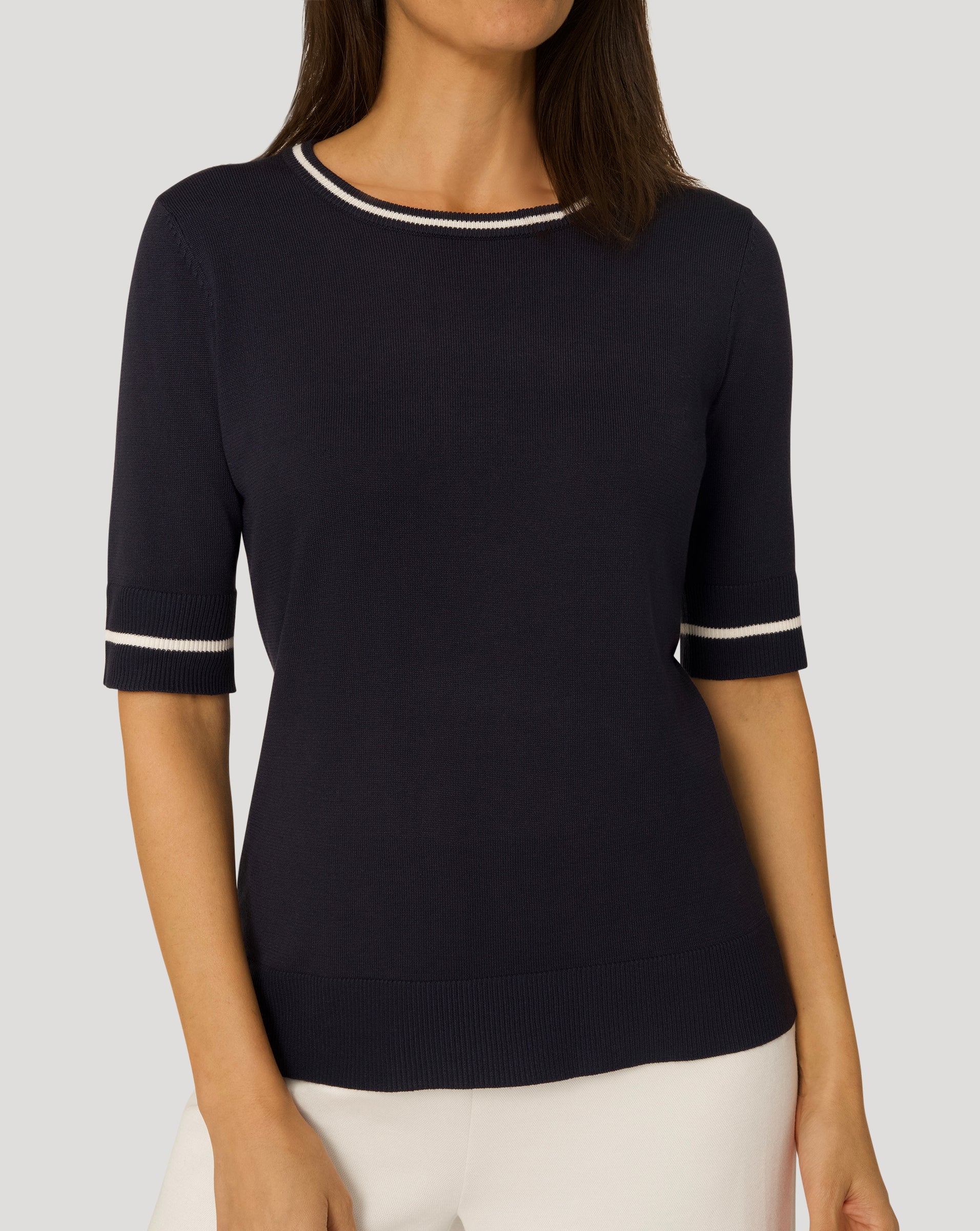 Navy Blue Ribbed Sweater Women's Contrast Rib Trim Sweater in Navy Blue with Snow White | Cable ...